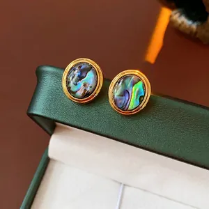 French vintage 18K gold plated oval stud earrings with iridescent abalone shell inlay