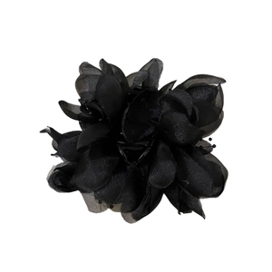Elegant black floral hair claw clip with delicate mesh petals and feather design