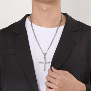 Men's silver cross pendant necklace in stainless steel on a stylish emperor chain