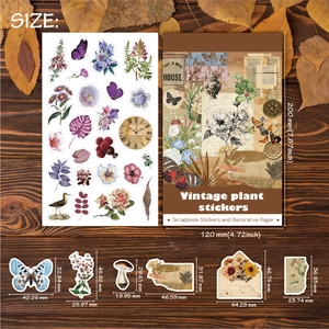 Vintage plant stickers and decorative scrapbooking paper set with floral butterfly patterns