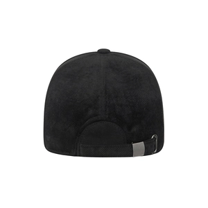 Back view of black winter baseball cap with plush lining and adjustable metal buckle