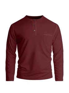 Detailed view of burgundy Henley shirt showing three-button collar and chest pocket