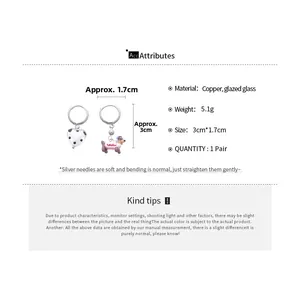 Detail view of asymmetric dachshund and heart earrings with size and weight dimensions