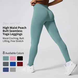 Pantalon de Yoga sans Couture à Taille Haute pour Femmes Design Fesses de Pêche Leggings de Sport Contrôle du Ventre Fitness