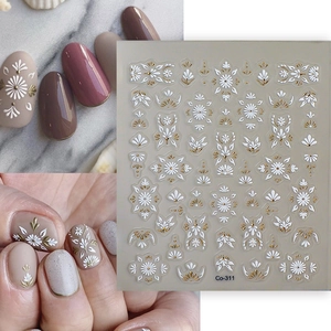 5D Relief Nail Art Stickers White Flower Totem Metallic Hot Stamping Self Adhesive DIY Manicure Decals Elegant Retro