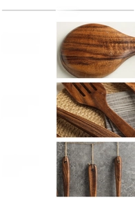 Detailed views of teak wood kitchen utensils showing grain, smooth edges and hanging holes