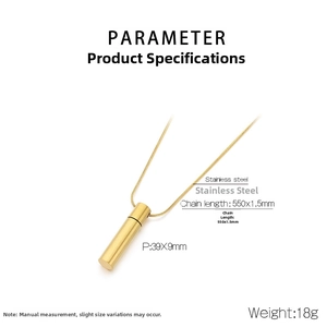 Detailed size parameters of gold cylindrical stainless steel pendant necklace and chain