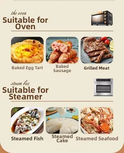 Detail showing oven and steam box functions with food examples for stainless steel containers