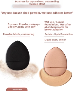 Detail of mini thumb finger puff with drop shape for precise makeup application