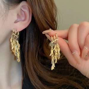 Elegant gold-tone multi-layer leaf tassel drop earrings in high-shine metal alloy