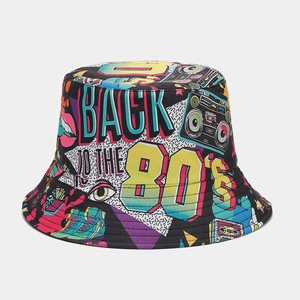Detailed view showing the vibrant 80s retro graffiti print on this party bucket hat