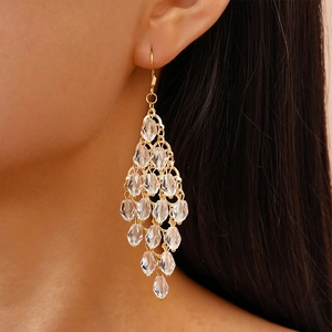 Water Drop Tassel Dangle Earrings For Women Elegant Crystal Glass Geometric Alloy Jewelry With Steel Earring Post