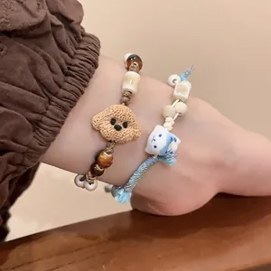 Handmade ceramic beaded bracelet with cute cartoon puppy and kitten charms for women