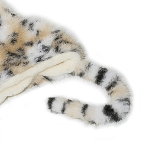 Close-up of leopard print faux fur winter hat with thick lining and long tail detail