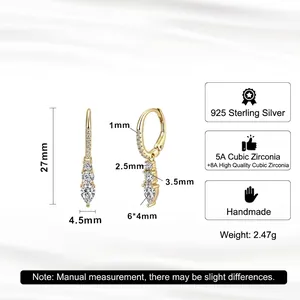 Detailed specs of gold plated S925 silver teardrop earrings with white zircon stones