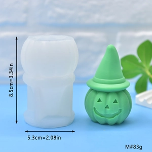 Macro view of pumpkin wizard silicone mold showing 8.5cm height and 5.3cm diameter