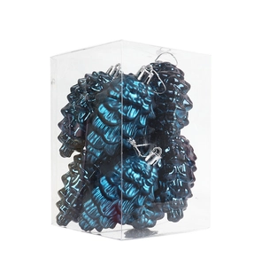 Detailed view of 8pcs blue pine cone Christmas ornaments in a clear plastic storage box