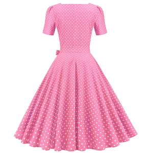 Detail view showing back of the pink polka dot retro midi dress with a cinched waist
