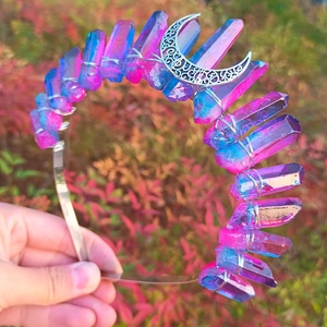 Detail of handmade Wicca crystal crown featuring blue gradient pillars and silver crescent moon