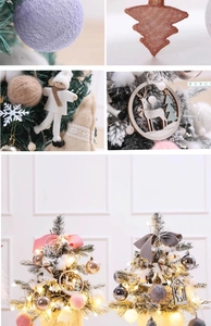 Detailed view of mini Christmas trees with knitted ball ornaments and reindeer wooden tags