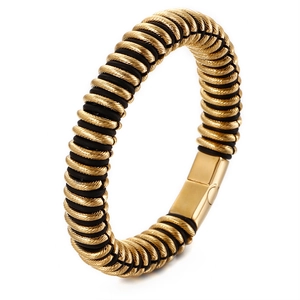 Men's braided leather bracelet with gold spiral metal wire and polished magnetic clasp