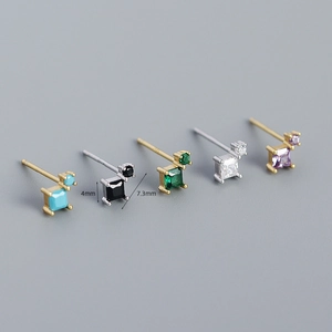 S925 silver geometric square zirconia stud earrings in five colors 4mm x 7.3mm