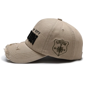 Distressed beige cotton baseball cap with 3D ICON embroidery and compass side patch