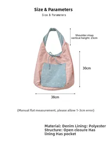 Detailed size chart of the blue and pink plaid denim tote bag showing height and width