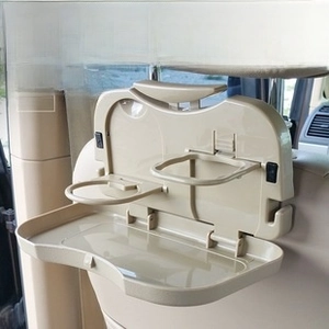 Foldable beige car seat back tray with dual cup holders and side organizer hooks