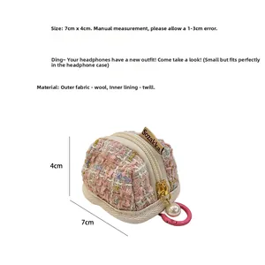 Pink checkered wool earbud case with pearl zipper charm and dimension labels 7x4cm