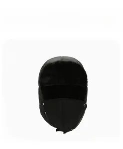 Front view of black winter Trapper hat with protective mask and plush lining