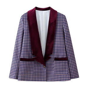 Retro plaid wool blazer with burgundy velvet collar and pocket trim on white background