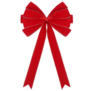 Detailaufnahme der roten Samtschleife mit Goldrand für Weihnachtsbaumschmuck
