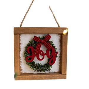 Christmas wooden Joy door sign with green wreath and red plaid bow for home holiday decor