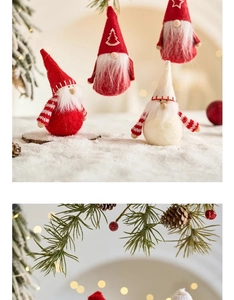 Detailed view of red and white knitted Christmas gnome with plush beard and wooden nose