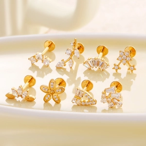 F136 Titanium gold flower stud earrings set with sparkling zircon for ear piercings