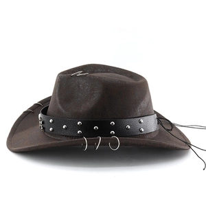 Detail of dark brown faux leather cowboy hat with metal rings and studded band