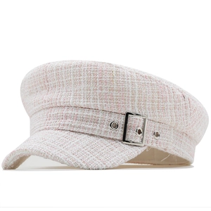 Pink and white tweed newsboy hat for women with a silver square buckle accent