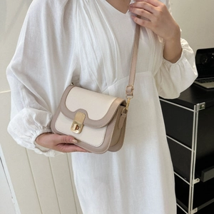 Fashionable color-block square crossbody bag with gold turn-lock and adjustable strap