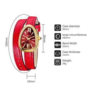 Detailed specs of red snake-wrap watch with gold case and 35mm diameter size