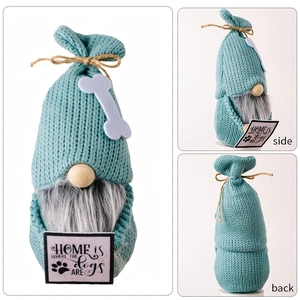 Three views of a blue knitted gnome holding a dog quote sign with bone and paw details