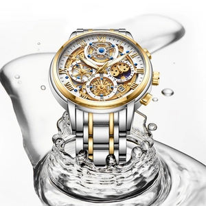 Mens waterproof quartz watch with skeleton dial and moon phase among dynamic water splashes