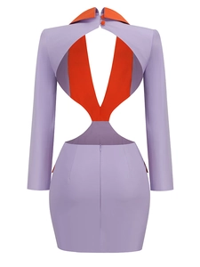 Detail of V-neck hollow out blazer dress with contrast lilac and orange color blocking