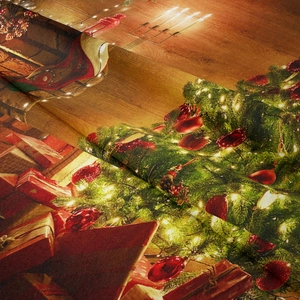 Close-up of Christmas tree tapestry showing thick fabric texture and festive gift prints