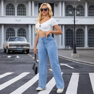 Jean Taille Haute Bleu Clair Jambe Droite Large Denim Mélange De Coton Extensible Décontracté Rétro Streetwear Femme