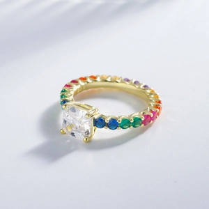 Rainbow gemstone eternity ring with large square Asscher cut diamond in gold plating