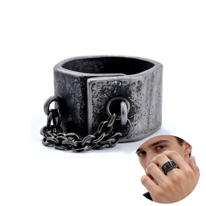 Vintage Men Ring Stainless Steel Chain Link Wide Band Crater Texture Gothic Punk Hip Hop Industrial Oxidized Jewelry