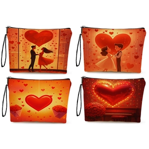 Romantic Heart Print Makeup Bag Fine Linen Zippered Cosmetic Pouch Portable Travel Organizer For Women Valentines Gift