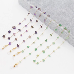 Minimalist colorful stone eyewear chains in purple and green with golden chain links