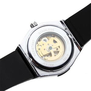 Automatic mechanical watch with skeleton back design showing golden gear movement